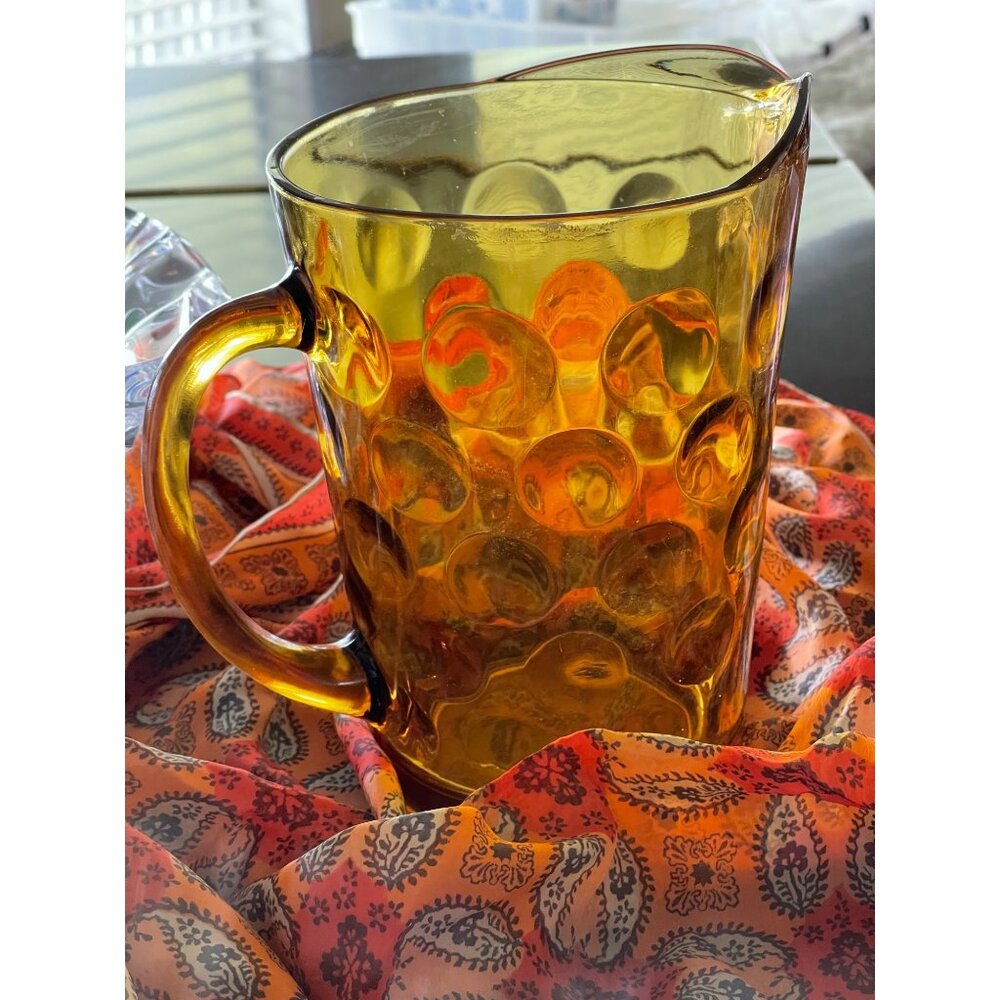 Vintage Hazel Atlas Topaz Amber Eldorado Coin Circle Bubble Glass Pitcher 8”